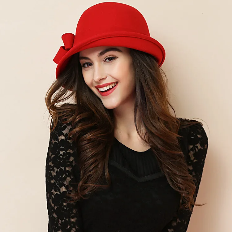Зимняя женская шапка 1920s в стиле Гэтсби, теплая шерстяная фетровая зимняя шапка, женские церковные шапки, Женская фетровая шляпа - Цвет: red