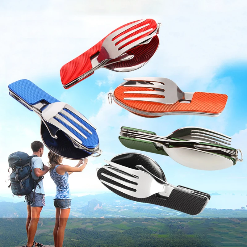 

1PC/Set Outdoor Tableware Stainless Steel Spoon/Fork/Knife/Bottle Opener 4 in 1 Folding Cutlery Set Multifunctional
