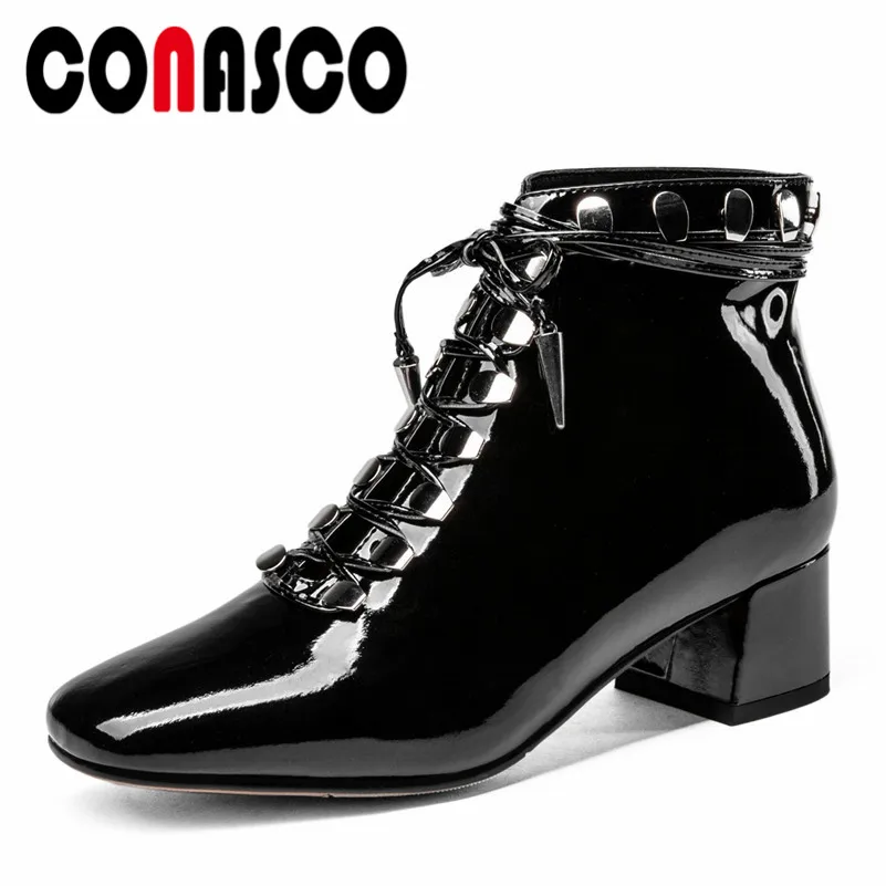 

CONASCO Fashion Women Ankle Boots Genuine Leather Autumn Winter Warm High Heels Shoes Woman Square Toe Metal Decoration Pumps