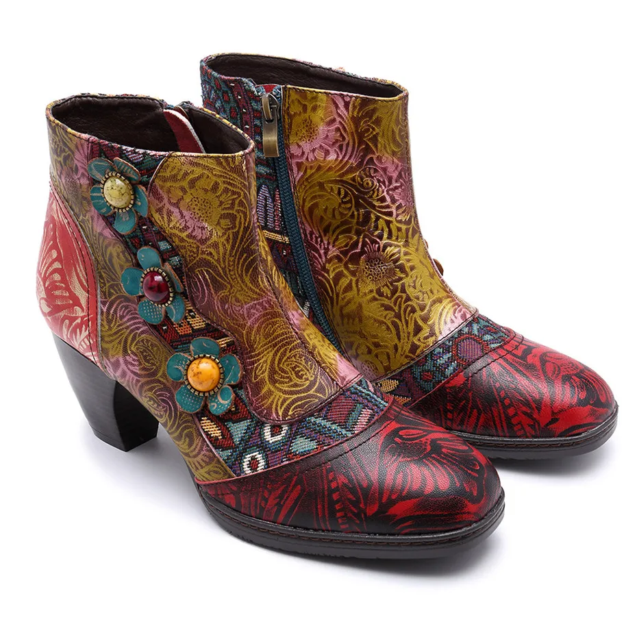 Genuine Leather Printed Ankle Boots Women Shoes Bohemian Splicing Zip Handmade Spring Autumn Retro Block Med Heels Women Boots (13)