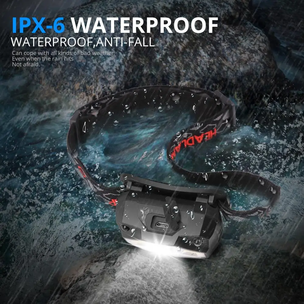 IP6 водонепроницаемый датчик фар светодиодный налобный фонарь Motion самый мощный жесткий головной убор встроенный 18650 USB Перезаряжаемый для наружного использования