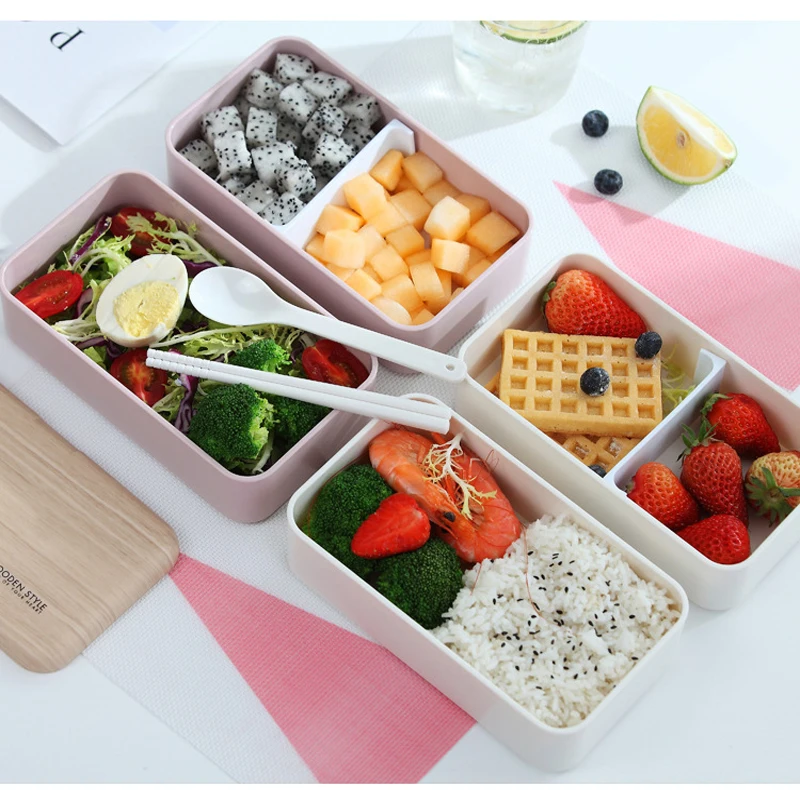 

New 2 Layer Microwave Lunch Box Imitation wood Bento Box Kids Food Container Storage Portable Picnic With Lunch Bag 1200ml