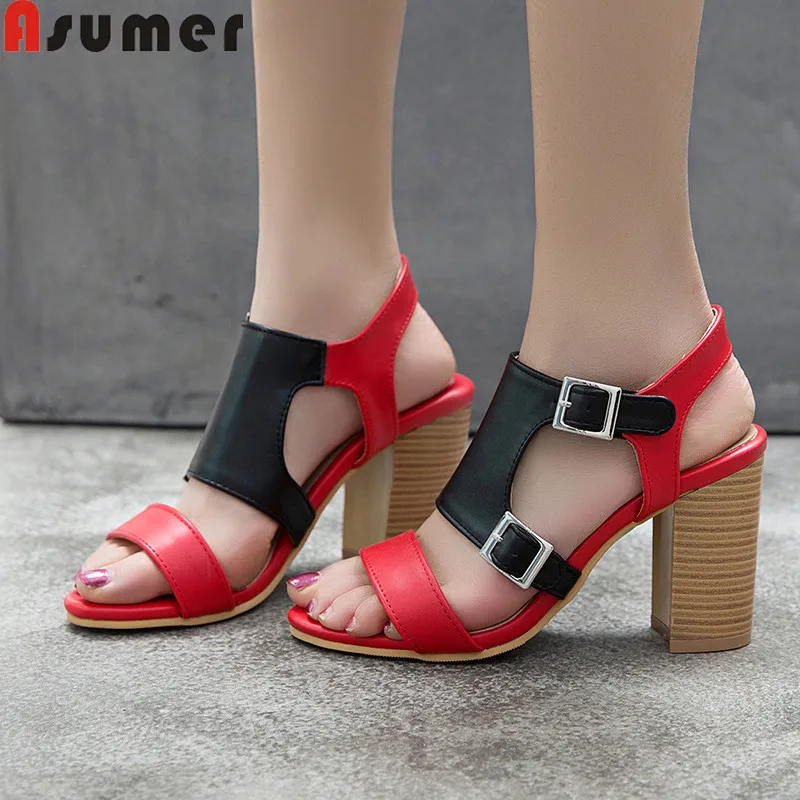 

ASUMER 2019 summer new shoes woman peep toe buckle sandals women thick high heels shoes women mixed colors summer shoes