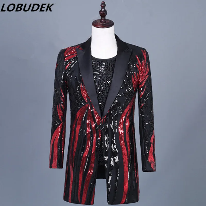 

Personality Red Black Sequins Long Blazers Men's Slim Coat Tide Male Singer Nightclub Vocal Concert Costume Suit Jacket Overcoat