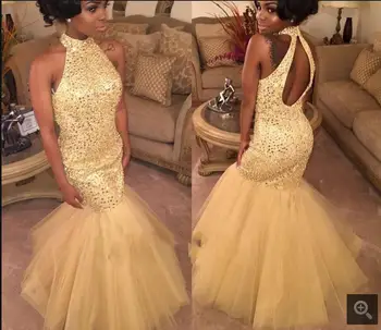 

2017 Vestido De Festa gold mermaid heavily beading crystals prom dress sexy open back high neck sparkly prom dresses hot sale