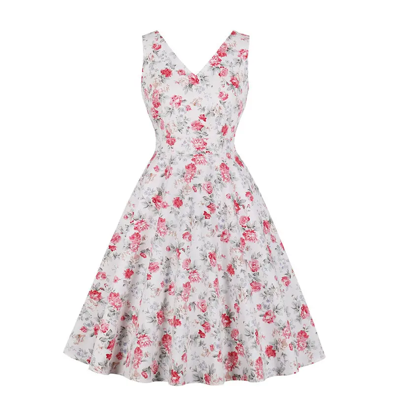 

Printing Summer Women Retro Dress Sexy V neck Hepburn A-line Dress Ladies 50s Backless Vestidos Femme Rockabilly Swing Dresses