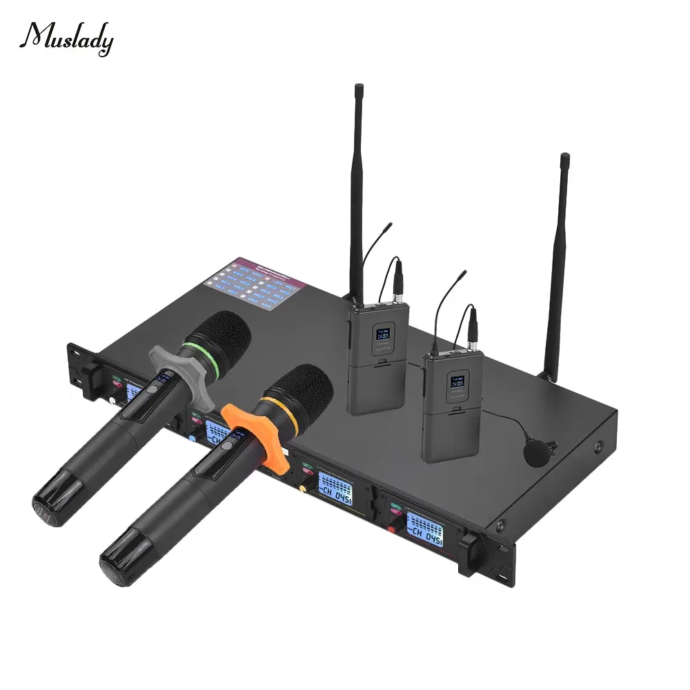 Muslady D4-3 Профессиональный 4-канал частоты UHF Беспроводной микрофон Системы включает в себя 2 Нагрудные Микрофоны с поясной передатчики