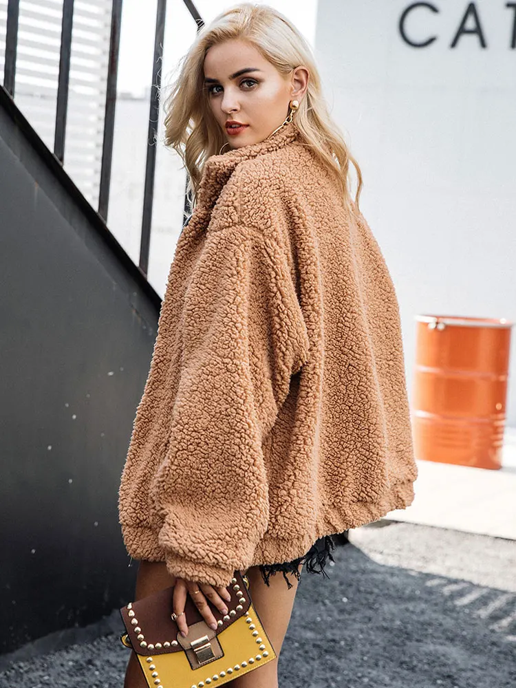 Fausse Fourrure Manches Turn Femmes D'hiver En Manteau Veste Down Longues Teddy Col zT8xSwRwq
