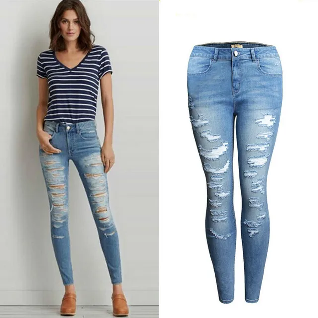 2019 New High Street Ripped Jeans Women Bleached Scratched