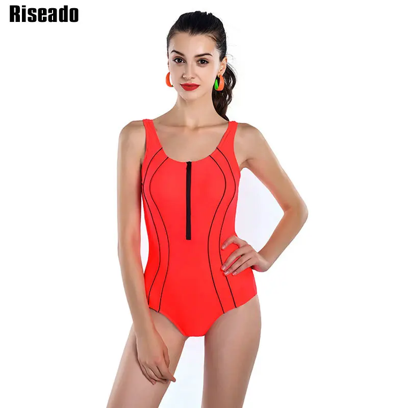 

Riseado Sport One Piece Swimsuits 2019 Zipper Swimwear Women Cross Bandage U-back Swimming Bathing Suits Beachwear
