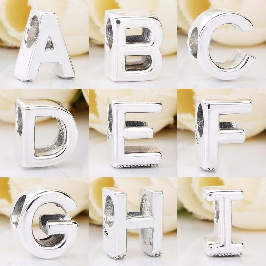 

A-Z New Smooth Alphabet 26 Letter With Crystal Beads Fit Pandora Bracelet Bangle DIY Jewelry 925 Sterling Silver Bead Charm