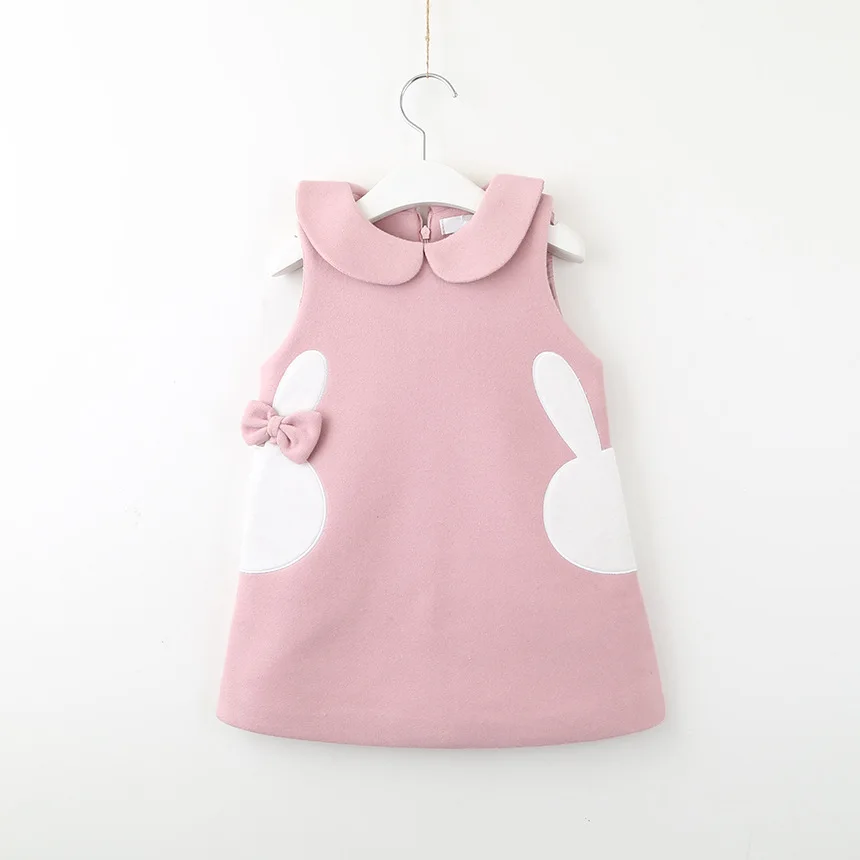 Baby Girls Dress Adorable Bunny Printed Woolen Vest Dress Toddler Kid Winter Sleeveless Bottoming Thicken Woolen Dress Out Wear - Цвет: pink