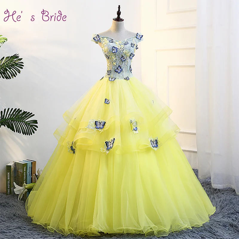 He's Bride Butterfly Boat Neck Lace Up Back Floor-Length Ball Gown Tulle Yellow Wedding Dresses Custom Party Vestido De Noiva | Свадьбы и