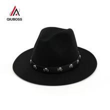 QIUBOSS винтажная шерстяная фетровая шляпа с широкими полями, фетровая шляпа с черепом и заклепками, кожаные украшения для мужчин и женщин, Панама, джаз, официальный Топ, шапка