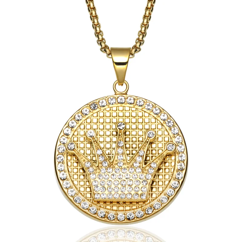 Хип-хоп Bling Iced Out кубическая Корона из циркония Ожерелья титановые из нержавеющей стали круглые ожерелья и подвески для мужчин ювелирные изделия