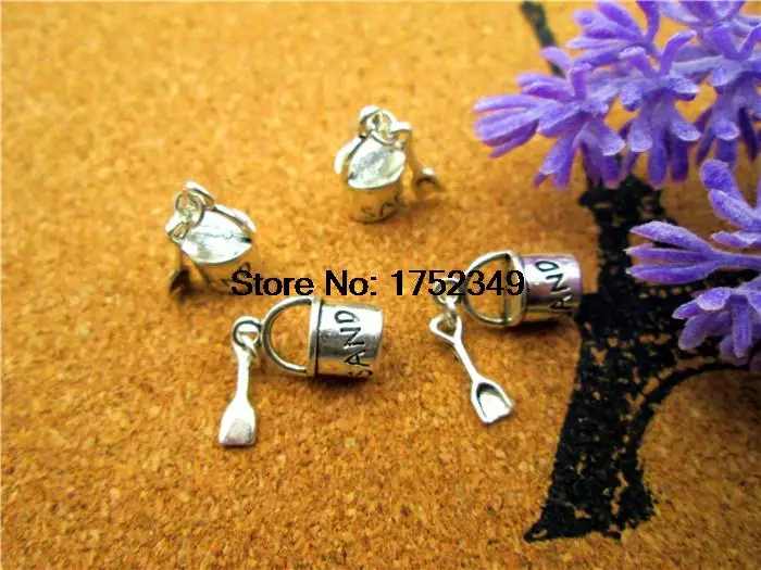 

10pcs- Antique Tibetan Silver Beach Pail Charms Pendants, 3D with Dangle Shovel Charm Jewelry Making 30x8mm