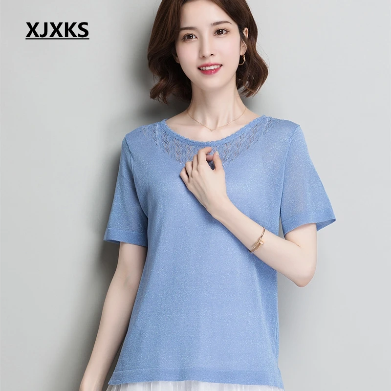 

XJXKS Summer Top 2019 New Casual Tee Shirt Femme Short-sleeved Shirt Solid Women T Shirt Knitted Womens Tops Glitter Clothes