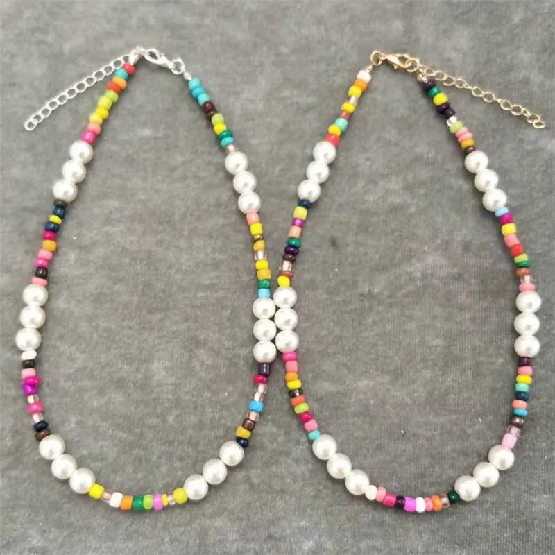 

Fashion Colorful Beads Statement Choker Necklace for Women Imitation Pearls Strand Necklace Gold Silver Color Chain Collier
