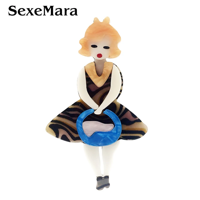 

SexeMara Lovely Acrylic Girl Brooches And Pins For Women Acrylic Resin Lady With Handbag Brooch Wedding Party Hat Jewelry