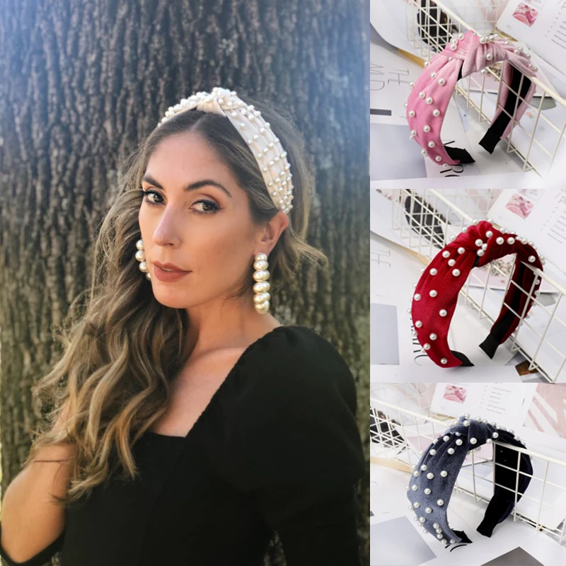 

Simulated Pearl Hair Knotted Velvet Hair Band Wide Headbands Hairbands Headwear 2019 New customized Hair Accessories