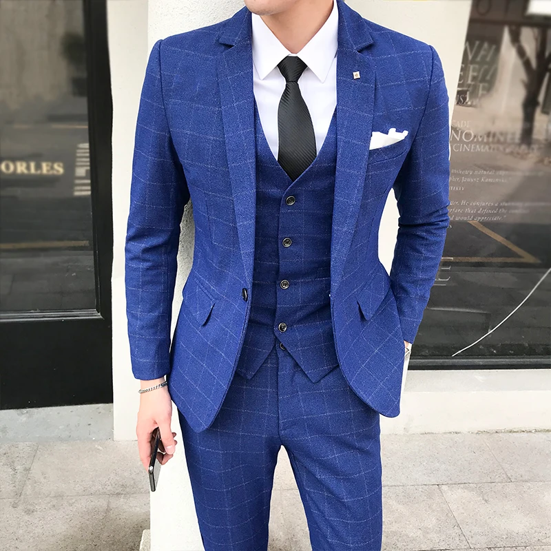 Men Suit 3 Piece Korean Fashion Plaid Suit Men Brand New ...