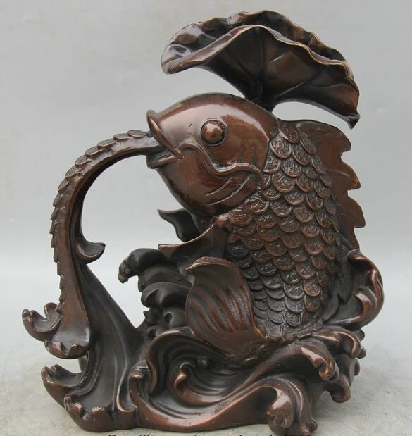 

006014 12" Chinese Bronze Folk Feng Shui Wealth Money lotus leaf Fish barracuda Statue