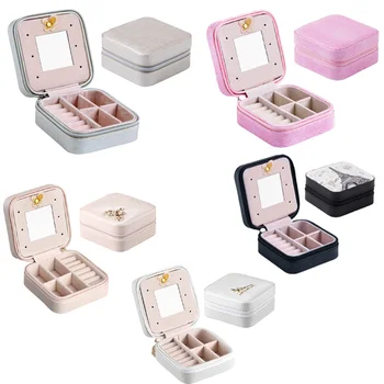 

Square Jewelry Storage Box with Mirror Small Portable Travel Leather Boxes Organizer for Rings Earring Necklace Bracelet