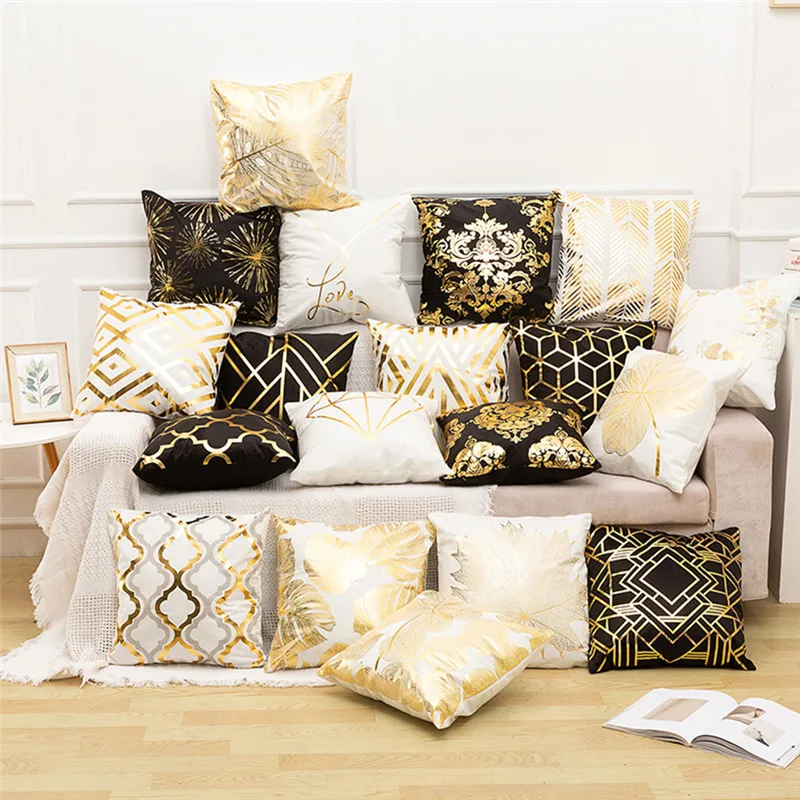 cheap Fuwatacchi Black Gold Foil Linen Cushion Cover Leaf Flowers Diamond Pillow Cover for Home Chair Sofa Decorative Pillows 45*45cm