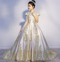 2019 Королевское Платье с цветочным узором для девочек на свадьбу, фатиновое кружевное бальное платье с бусинами, вечерние праздничное