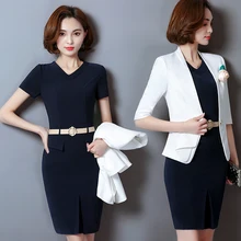 Летний деловой женский костюм, темпераментный Блейзер, пиджак+ платье с короткими рукавами, Женский комплект из двух предметов с блейзером, комбинезон