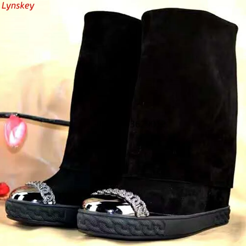 

Black Faux Suede Slip-on Women Casual Boot Wedge Shoes Gold Metal Toe Height Increasing Ankle Boots Fashion Woman Boots