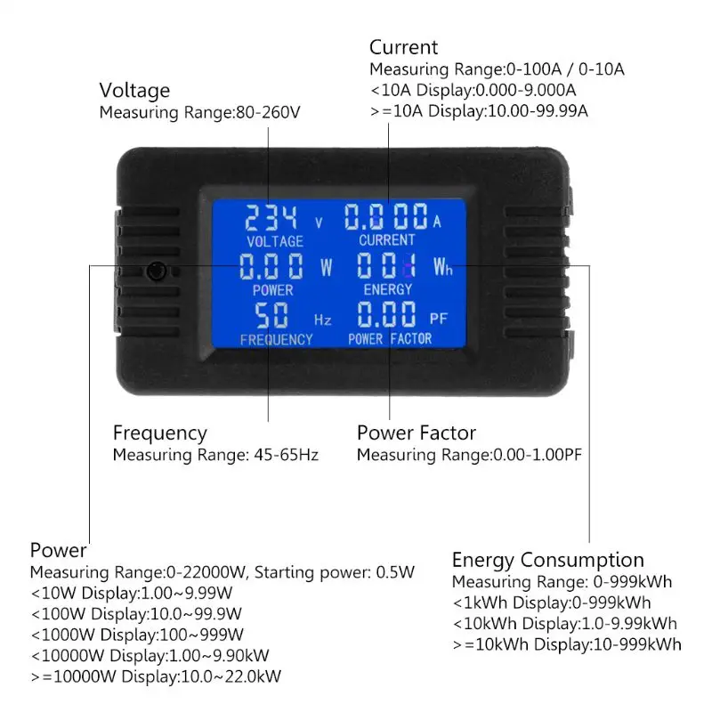 6in1 Digital AC 80~260V Power Energy Monitor Voltage Current KWh Watt Meter 100A