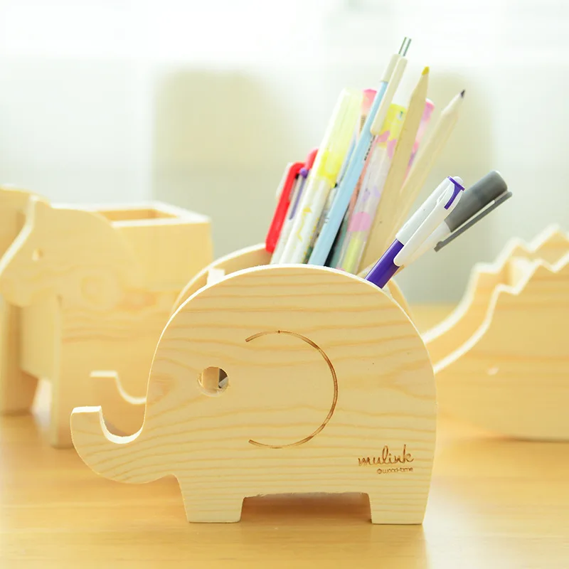 Cute Animals Wooden Desktop Pen Holder Case Burlywood Pencil Vase Brush