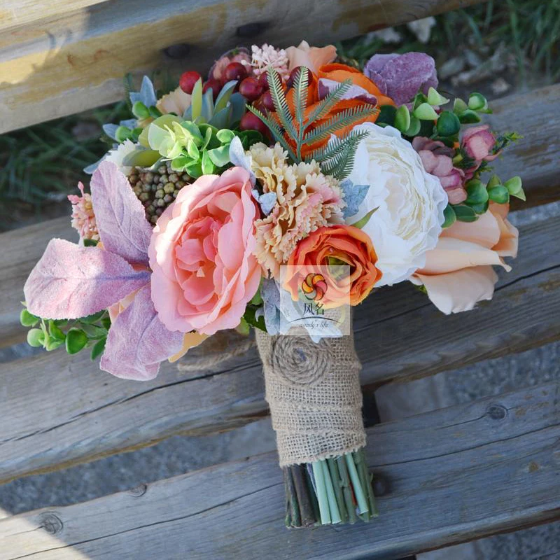 

Retro Pastoral Style Handmade Orange Pink Rose Peony Multi-meat Simulation Hand-held Wedding Bouquet Bride's Bridesmaid Flower