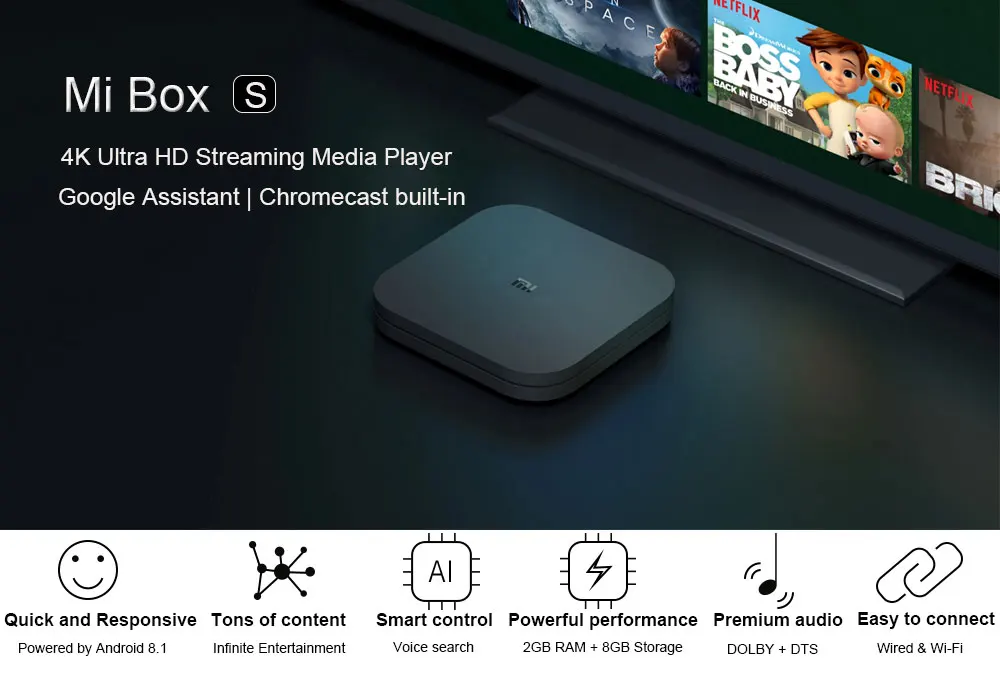 Xiaomi mi tv Box S глобальная версия 4K HDR Android tv Box HD 2G 8G wifi mi Box Google Cast Netflix телеприставка медиа плеер 1000Mbp