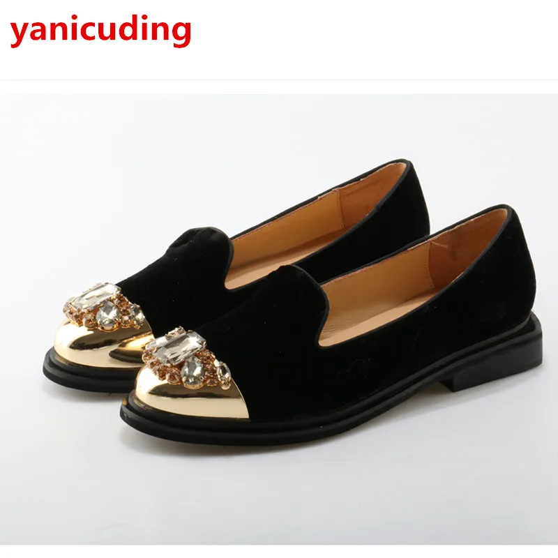 

yanicuding Round Toe Slip On Women Flats Crystal Embellish Metal Toe Flock Lady Super Star Stage Shoes Luxury Brand Autumn Shoe