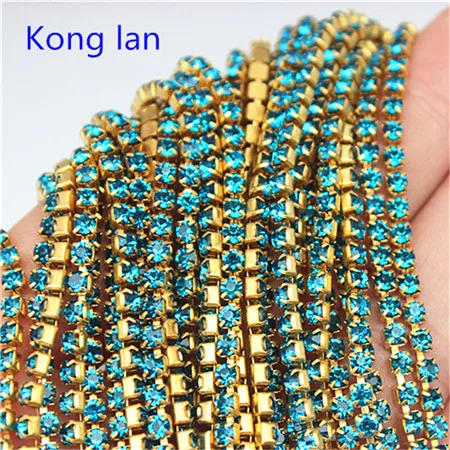 2mm 2.5mm 2.8mm 3mm 2Yard Colorful Sew on Crystal Rhinestone Cup Chain Gold Based Claw for Party Dinner Dress Accessories 8Y1200 - Цвет: Kong lan