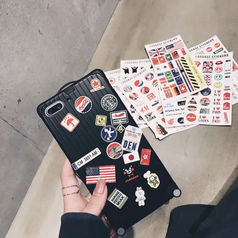 

Fashion Suitcase Acrylic Phone Case With Sticker For iPhone 6 7 8 Plus Luxury Phone Case for iphone X 10 Back Cover