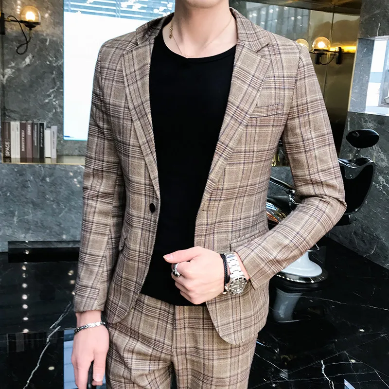 British style suit two-piece suit (coat + pants) men blazer / 2019 new men suits high quality plaid printed slim suit 2 sets