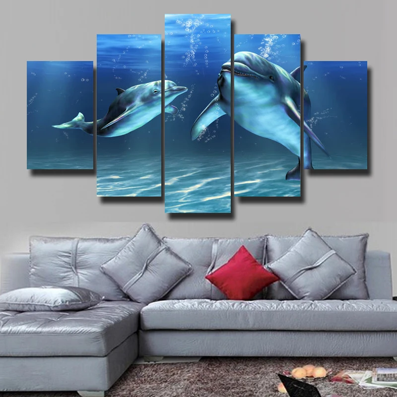 Art-Wall-Modern-Living-Room-Decoration-Theme-blue-dolphin-Canvas-Print-Oil-Painting-Print-5P-HD (3)