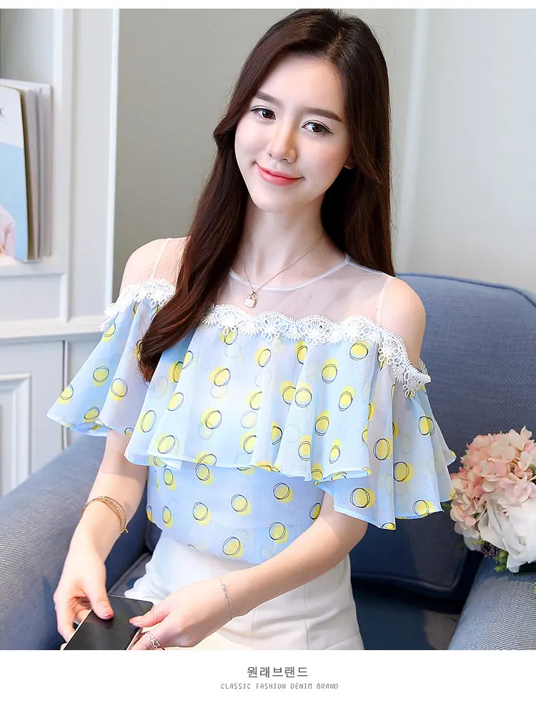 New Polka Dot Shirts Women 2018 Female Summer Blouse Ruffled Open Shoulder Tops Casual Fashion Print Chiffon Blusas Mujer Verano (9)
