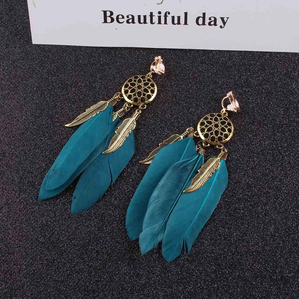 JIOFREE High Quality Vintage Bohemia blue feather Clip on Earrings