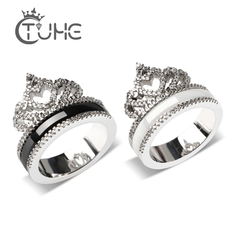 

Top Quality Luxury Princess Queen Crown Engagement Rings Bling CZ Crystal Healthy Ceramic Ring Stainless Steel Jewelry For Lover
