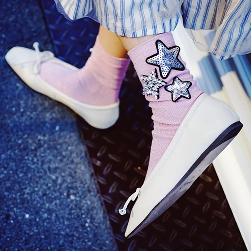 Женские блестящие носки Sox Sokken модные серебристые со стразами в Корейском стиле