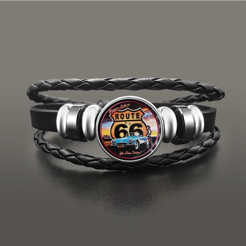 Классический американский Route 66 браслет ювелирные изделия панк кожа стеклянный купольный кабошон кнопки браслеты с застежкой для мужчин и женщин