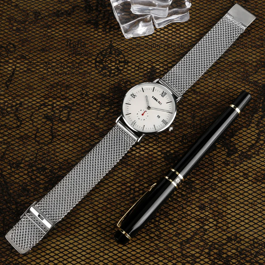 YISUYA Luxury Mens Watch Calendar Chronograph Stainless Steel Silver Mesh Iron Quartz-watches Men's Business Casual Wristwatch (14)