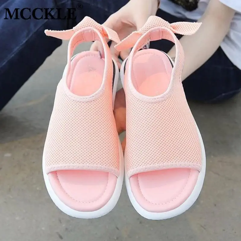 

MCCKLE Summer Women Flat Sandals Peep Toe Mesh Fabric Sandal Bowtie Female Flat Shoes Slip On Fashion Comfort Casual Footwear
