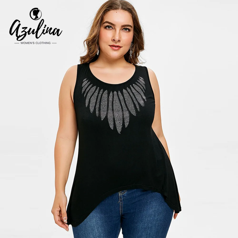 Rosegal Plus Size Rhinestone Crescent Hem Tank Top Women Summer Black