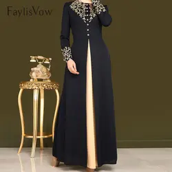 Золотая Тисненая Печать женские мусульманские платья Дубай abaya черное платье с длинным рукавом Кардиган кафтан элегантный дизайн Макси