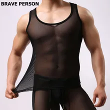 Brave Person Men gay Transparent Undershirts men O-neck Slim Thin Underwear Men Vest Ice Silk Tight Undershirt Tank tops